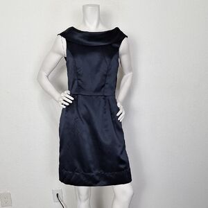 Thread Navy Blue Satin Romantic Retro Open Back Sleeveless Sheath Dress Size 8